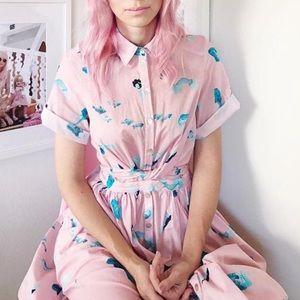 Heinui Pink and Blue Kai Shirt Dress in Mermaid Print Large
